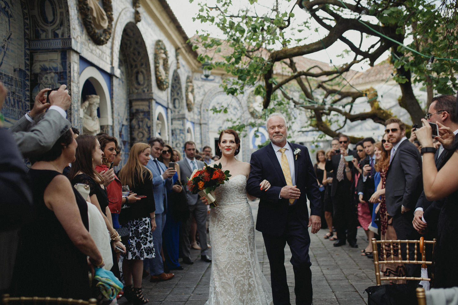 bride walking down the aisle at palacio marques fronteira lisbon portugal
