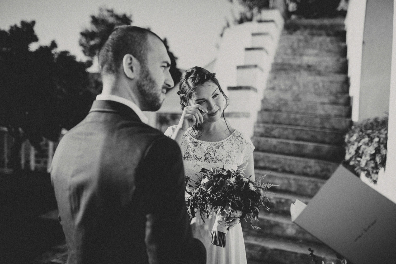 bride crying during an intimate elopement in portugal